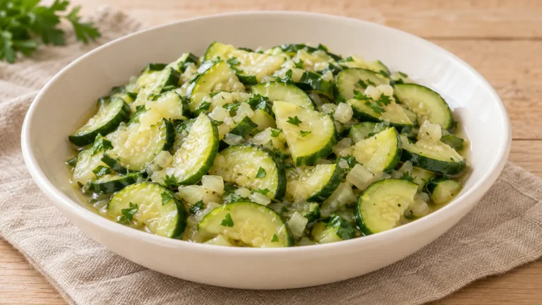 Zucchine cotti con piccoli pezzi di cipolla, prezzemolo tritato