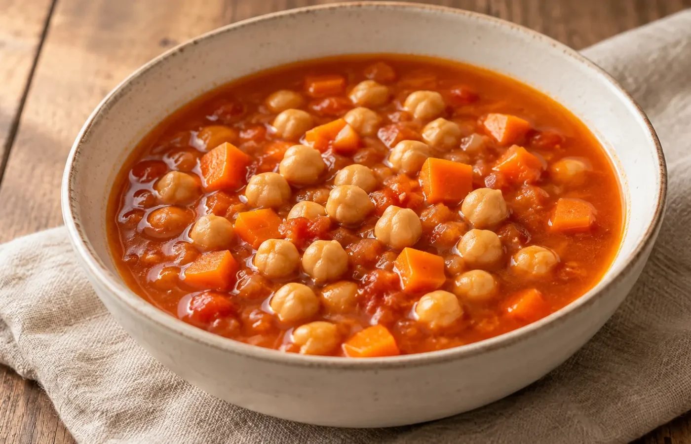 zuppa rustica con ceci interi e cubetti di carota in brodo leggero rosso al pomodoro