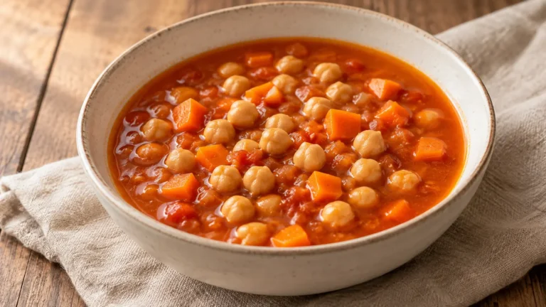 zuppa rustica con ceci interi e cubetti di carota in brodo leggero rosso al pomodoro