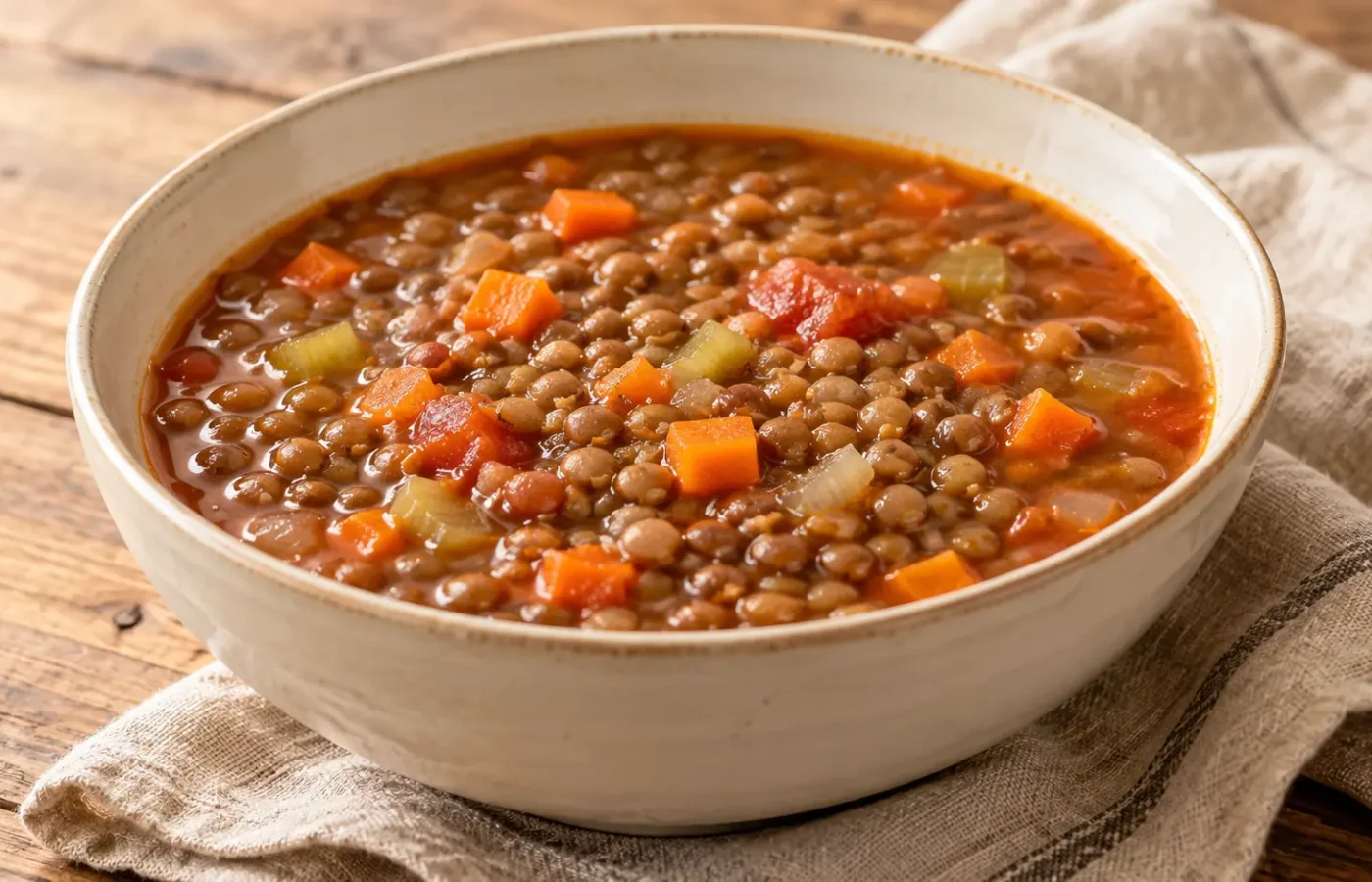 Zuppa rustica con lenticchie intere, piccoli cubetti di carota e sedano, brodo al pomodoro