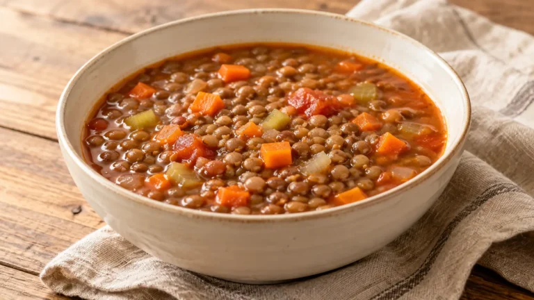 Zuppa rustica con lenticchie intere, piccoli cubetti di carota e sedano, brodo al pomodoro